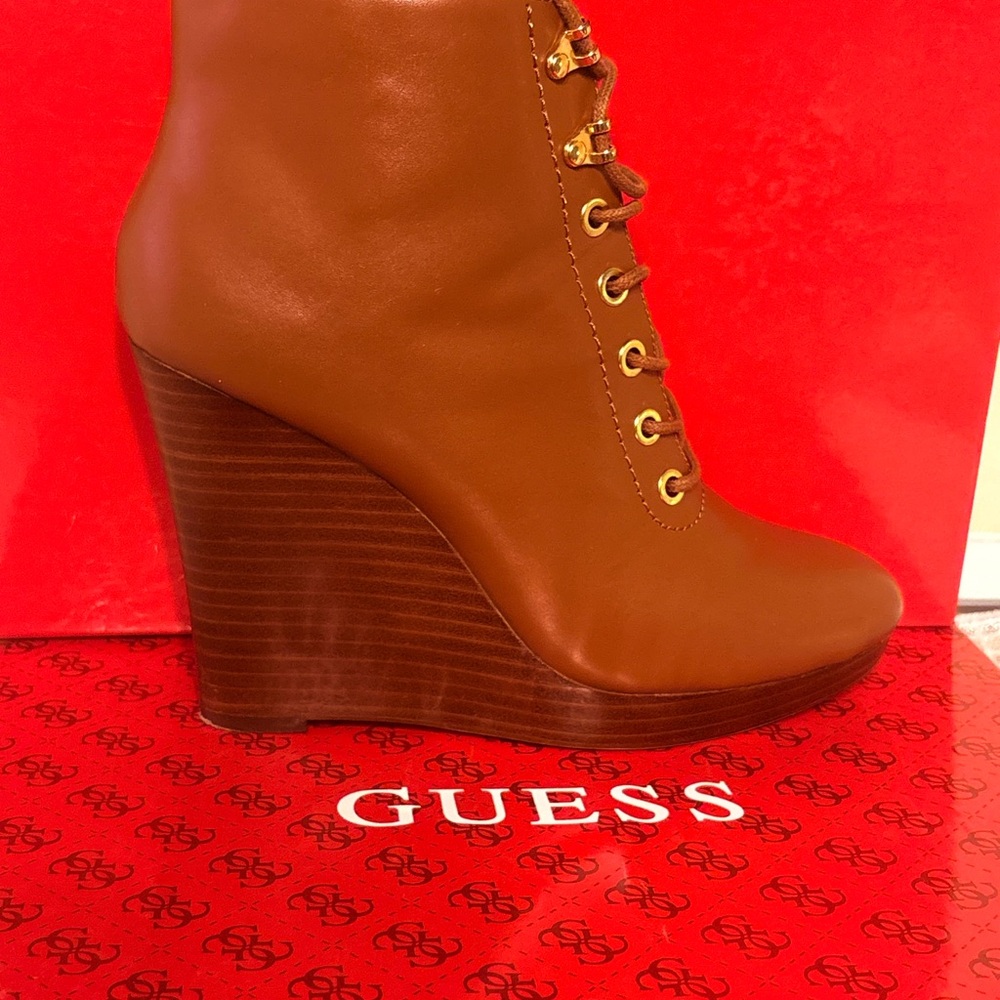 Guess Tan Wedge Peep-Toe Ankle Boots